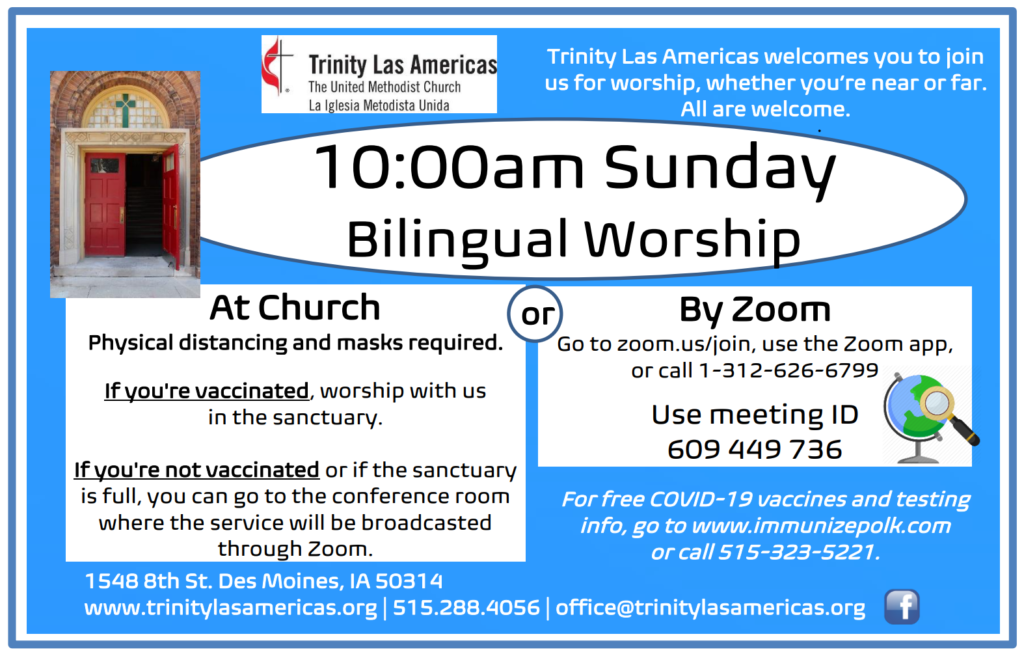 Flyer about 10am Sunday bilingual worship and vaccination info - English