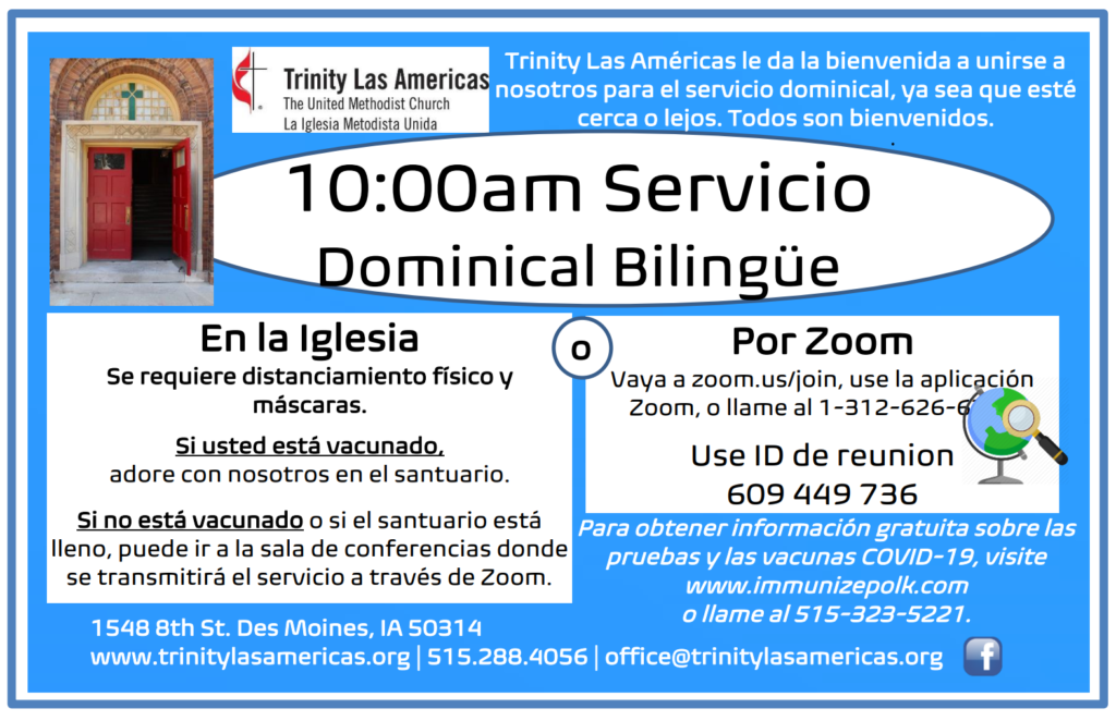Flyer about 10am Sunday bilingual worship and vaccination info - Spanish